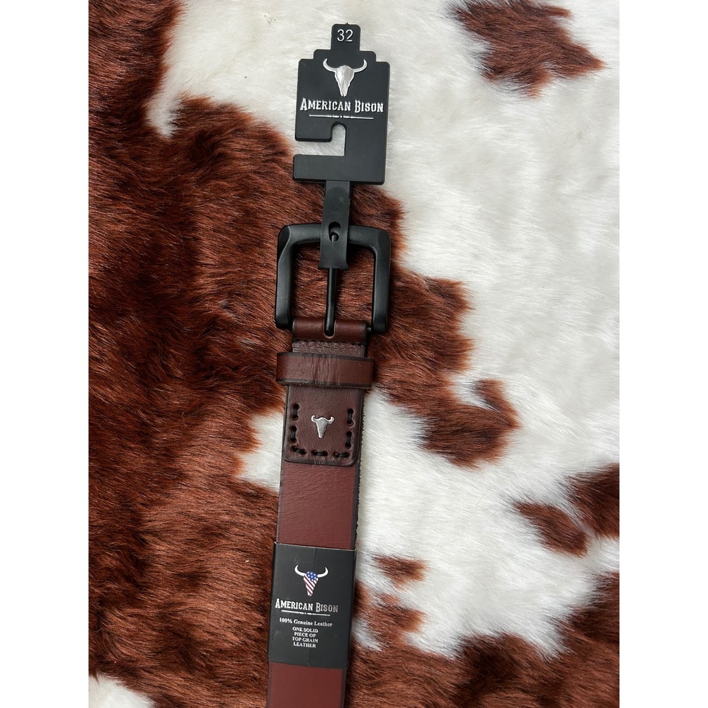 American‎ Bison Mens Brown Top Grain Leather Belt Size 32 Matte Black Buckle